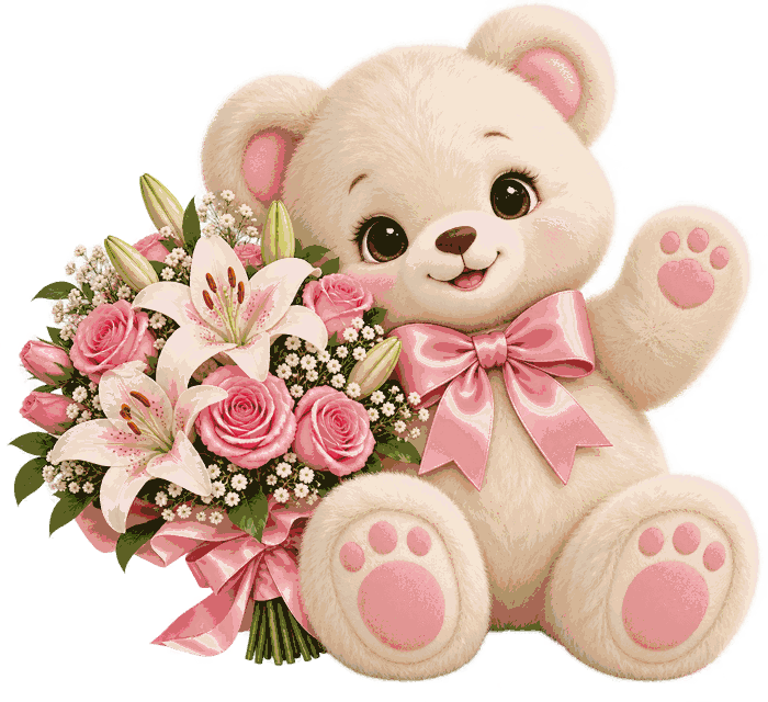 Teddy with lilies and pink roses